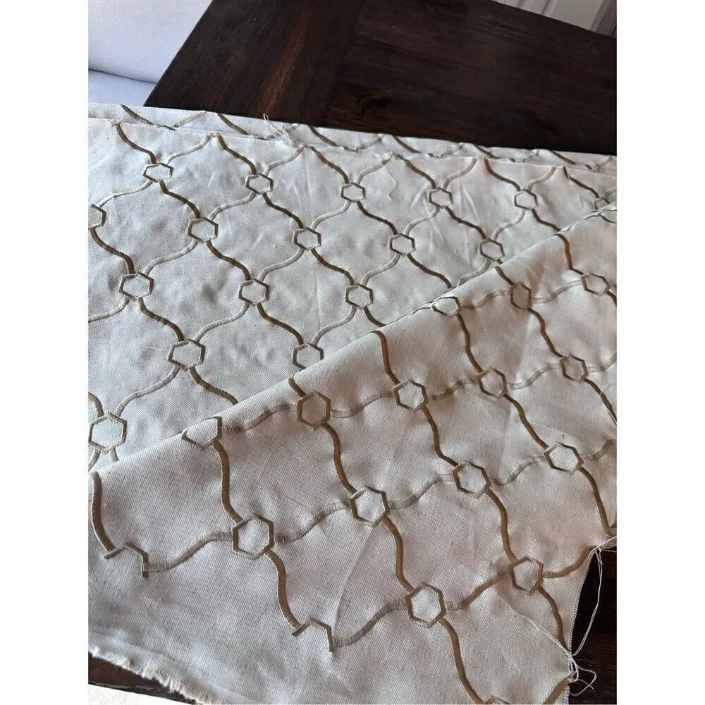 Beige and Zinc  Embroidered Geometric Trellis Upholstery Fabric